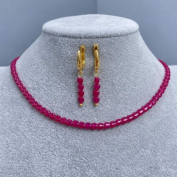 Choker set Ruby Corundum heart 4mm +/-, length 34 cm +/- chain 5cm +/- Earrings, length 33mm +/-