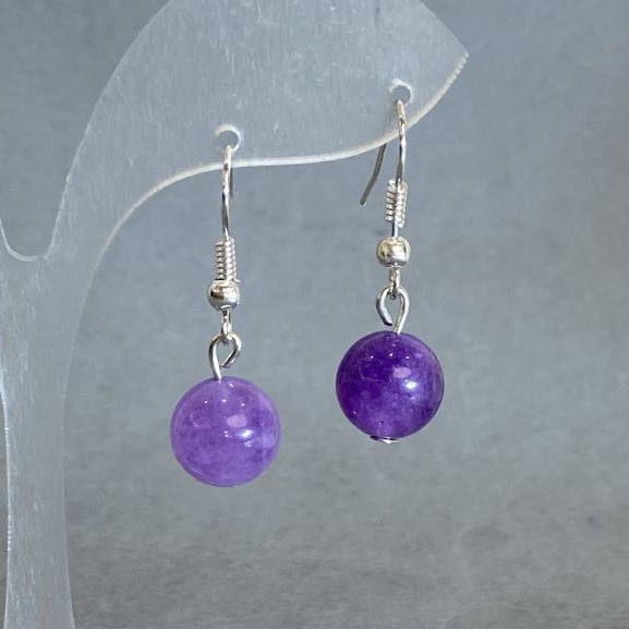 Earrings Amethyst smooth bead 10mm+-, length 30mm+-
