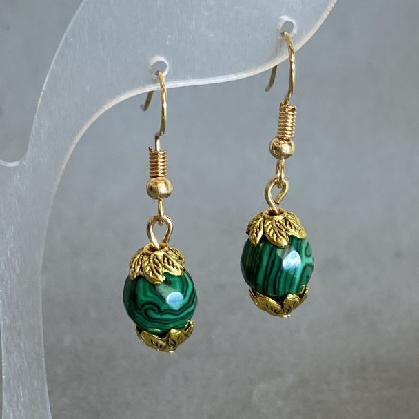 Earrings Malachite faceted bead 9.5mm+-, length 35mm+-