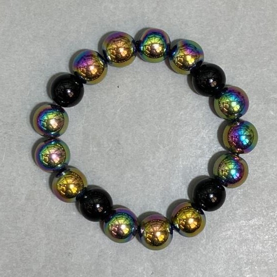 Agate Hematite bracelet smooth bead 12mm ±, length 18cm ± stretch