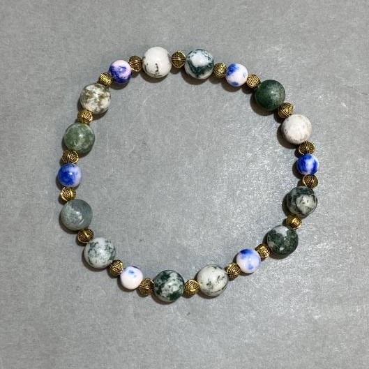 Bracelet Moss Agate round bead 8mm+- Acrylic round bead 6mm+-, length 18cm+- stretch