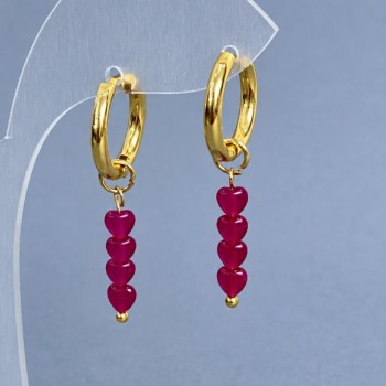 Earrings Ruby Corundum heart 4mm+- gold-toned metal hooks, diameter 16mm+-, length 35mm+-