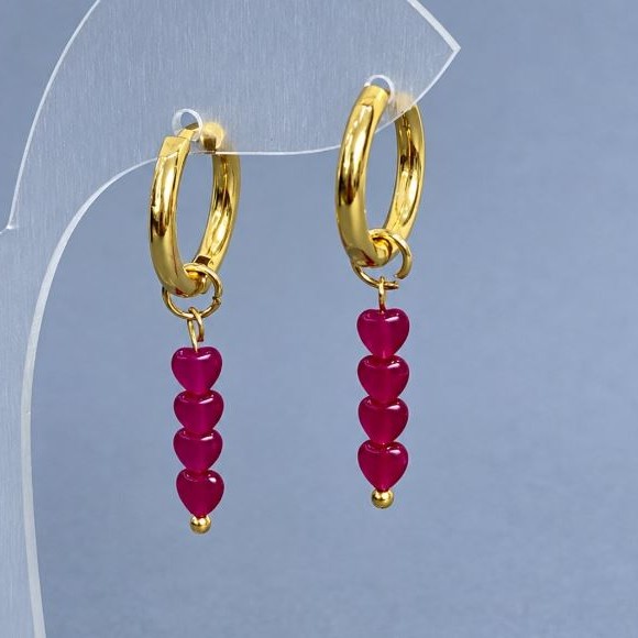 Earrings Ruby Corundum heart 4mm+- gold-toned metal hooks, diameter 16mm+-, length 35mm+-