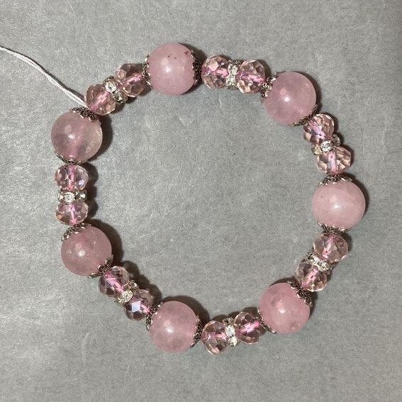 Bracelet Pink Quartz smooth round bead 12mm± Czech crystal faceted rondelle 8x6mm±, length 18cm± stretch