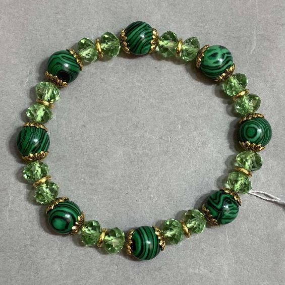 Bracelet Malachite smooth bead 8mm+- Czech crystal faceted rondelle 8x6mm+-, length 18cm +- stretch