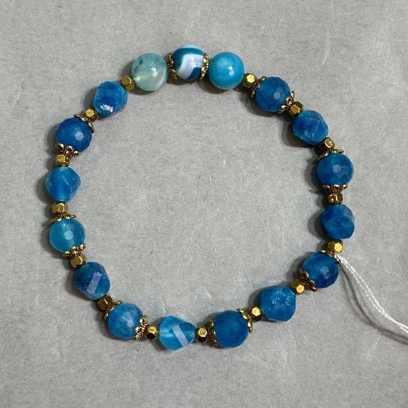 Bracelet Apatite faceted round bead 8mm ± faceted rhombus 8mm ± with inlays, length 18cm ± stretch