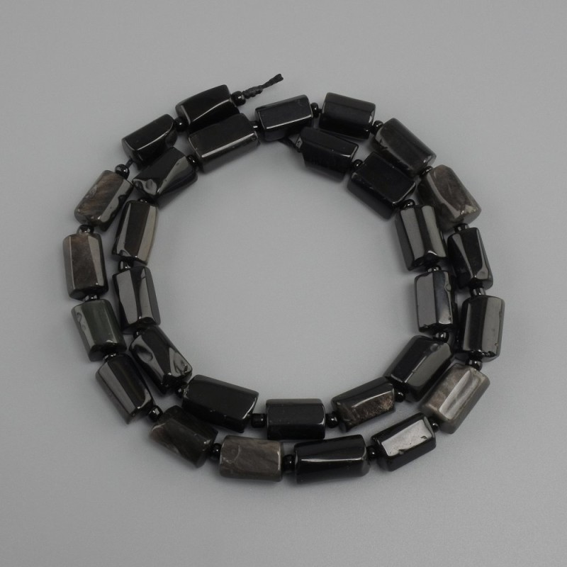 Beads Silver-coloured Obsidian faceted, diameter 11-13x7-8mm+- seed beads 3mm+-, length 39cm+-
