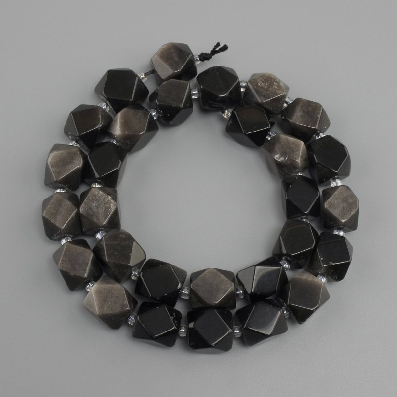 Beads Silver-coloured Obsidian faceted, diameter 12×10mm+- seed beads 3mm+-, length 39cm+-