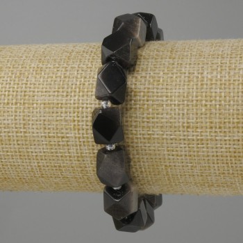 Bracelet Silver-Look Obsidian faceted pieces, diameter 12×10mm ± beads 3mm ±, length 18cm ± on stretch