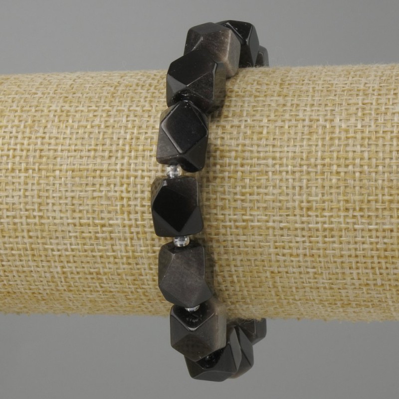 Bracelet Silver-Look Obsidian faceted pieces, diameter 12×10mm ± beads 3mm ±, length 18cm ± on stretch