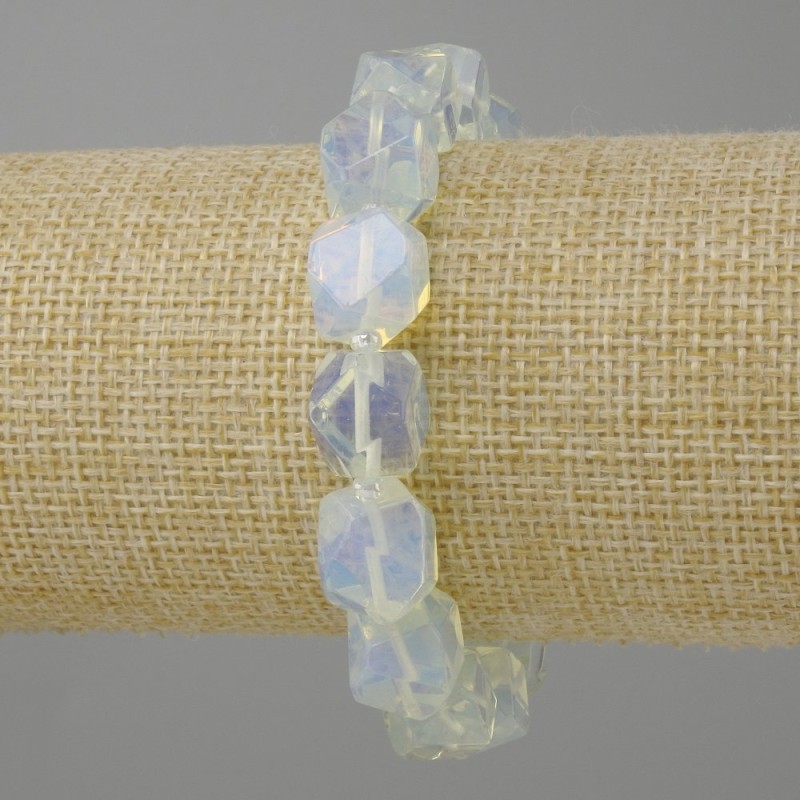 Opalite bracelet moonstone facets, diameter 11–12x10–11mm ± glass beads 3mm ±, length 18cm ± stretch