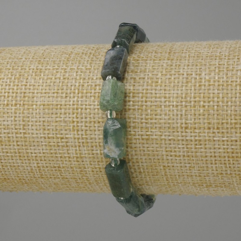 Moss agate bracelet, rough cut, diameter 10–12x6–7mm ± beads 3mm ±, length 18cm ± on stretch