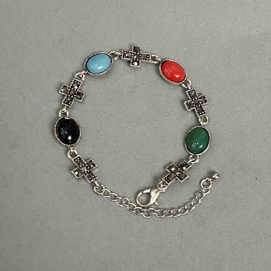 Metal bracelet with colourful cabochons 14mm± cross 14x11mm+-, length 19-25cm