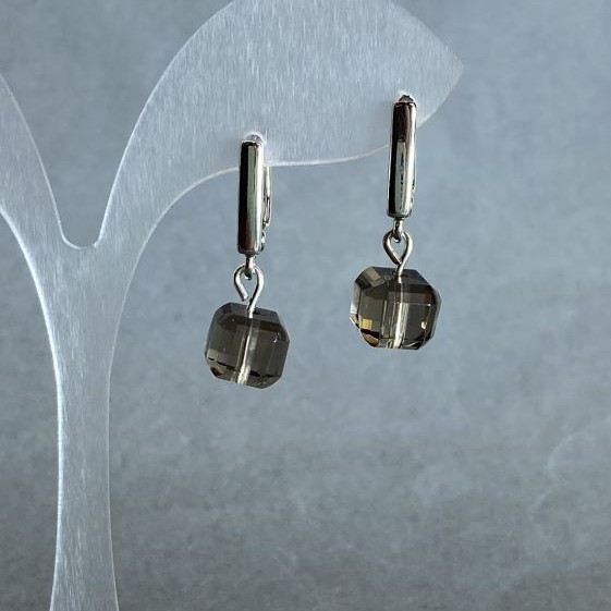 Earrings Rauchtopaz faceted cube 8.5x8.5mm+- length 25mm+
