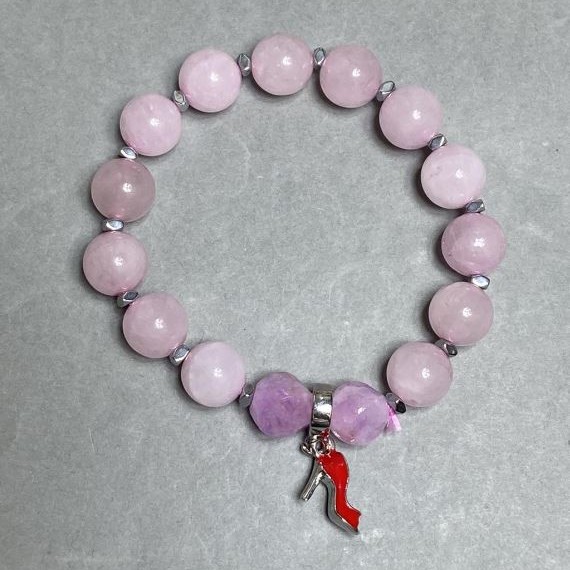 Bracelet Pink Quartz round bead 10mm± Hematite rondelle 3x2mm± length 18cm± stretch