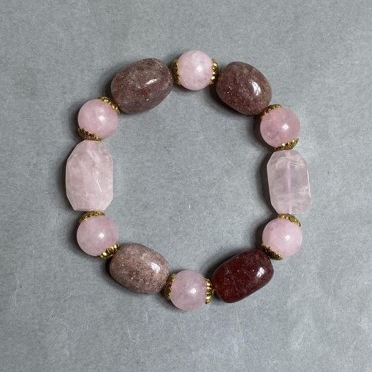 Bracelet Pink Quartz bead 12mm ± faceted 21×13mm ± Strawberry quartz tumbled 18×13mm ±, length 18cm ± stretch