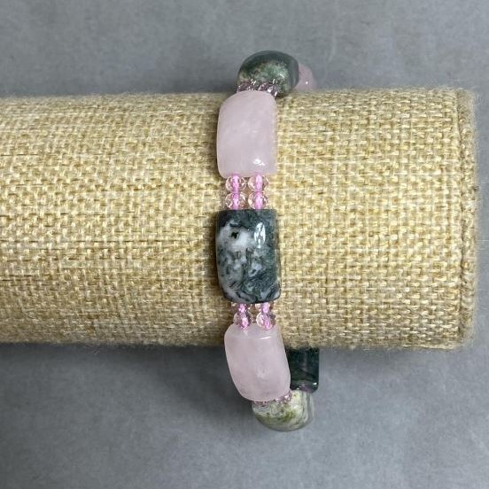 Bracelet Pink Quartz Moss Agate bead strand 17x10mm± Czech crystal, length 18cm± stretch