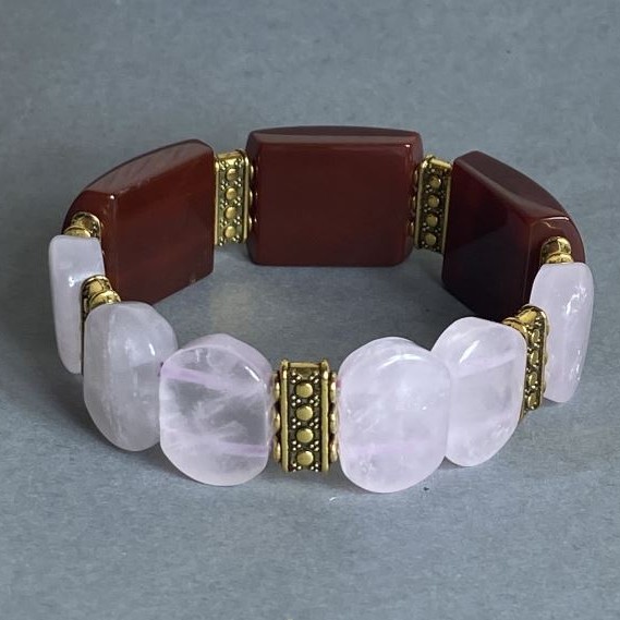 Bracelet Pink Quartz link, bead diameter 18×13mm ±, Carnelian link 24×19mm ±, length 18cm ± stretch