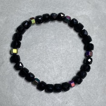 Agate bracelet faceted cube 6mm ± Hematite faceted prism 6mm ± length 18cm ± stretch
