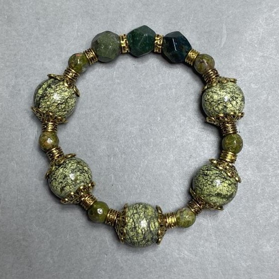 Serpentinite bead bracelet 13mm± Jasper faceted 10mm±, length 18cm± stretch
