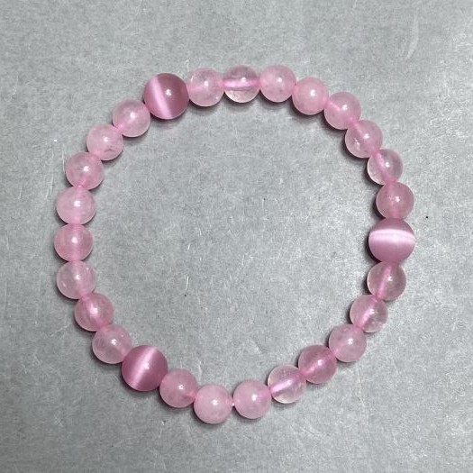 Bracelet Pink Quartz round bead 6mm± Cat’s Eye round bead 8mm± length 18cm± stretch