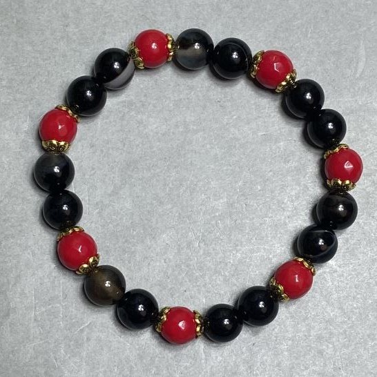 Agate bead bracelet, bead diameter 8mm ± Coral faceted bead 8mm ± length 18cm ± stretch