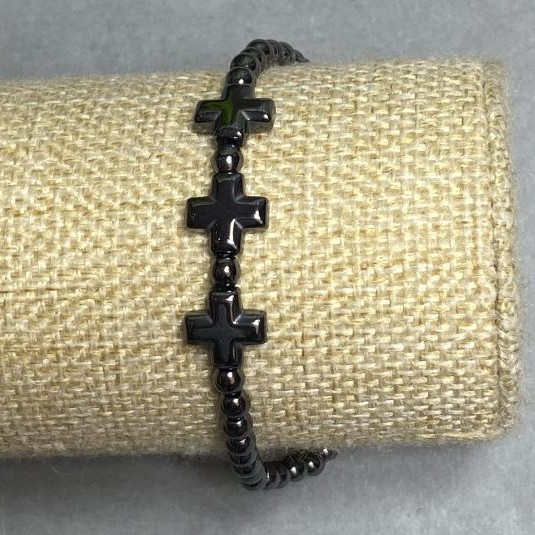 Hematite bead bracelet, bead diameter 4mm ±, cross 10x10mm +-, length 18cm ± stretch
