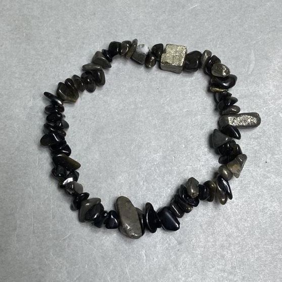 Agate and Pyrite bracelet, crystal rubble 6-13x2-6mm ±, length 18cm ± on stretch