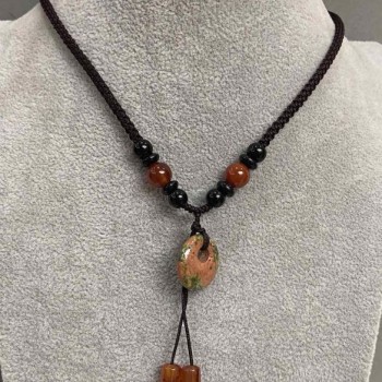 Pendant 'Bublik' Heliotrope, diameter 18mm± Carnelian cylinder 11x6mm± on a cord, length 64cm+
