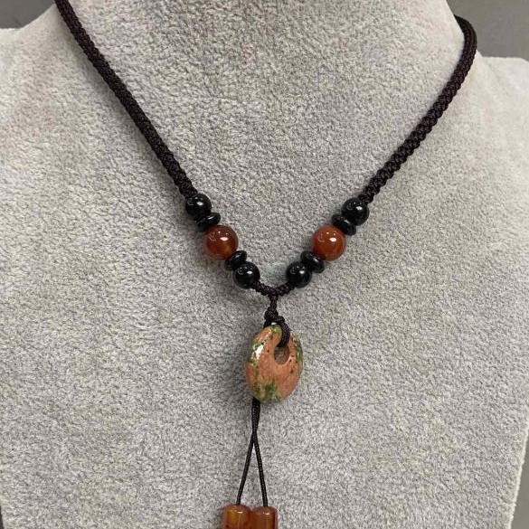 Pendant 'Bublik' Heliotrope, diameter 18mm± Carnelian cylinder 11x6mm± on a cord, length 64cm+