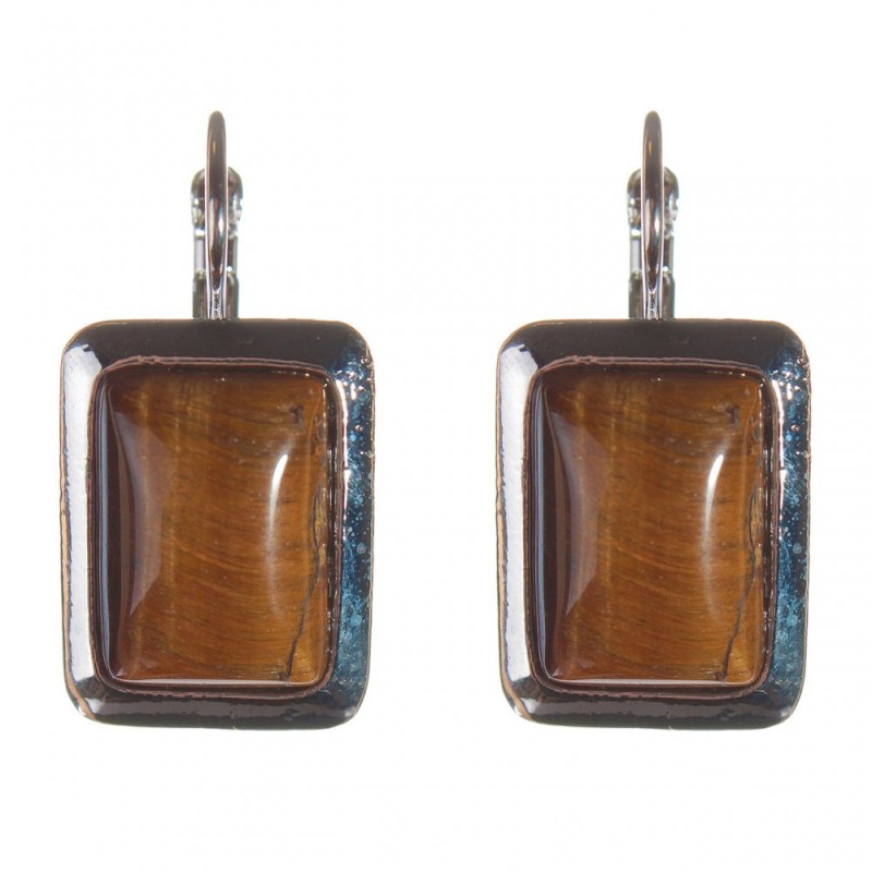 Clearance. Tiger's Eye Earrings, Smooth Setting, Rectangular Stone 2.3x1.8cm, Length 3.5cm