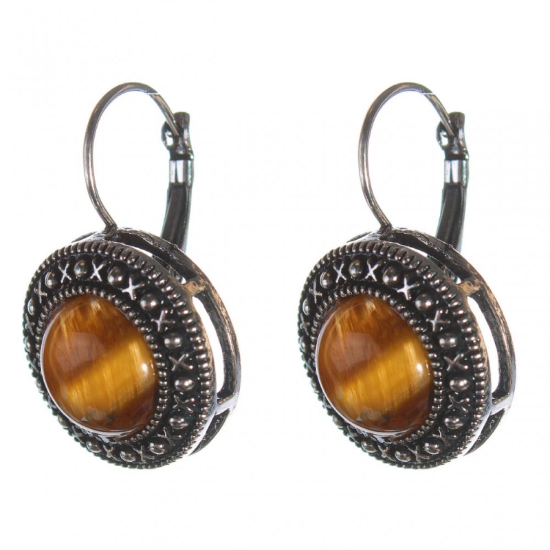 Clearance. Tiger's Eye Earrings, "Cross-Stitch" Setting, Round Stone 2cm, Length 3cm