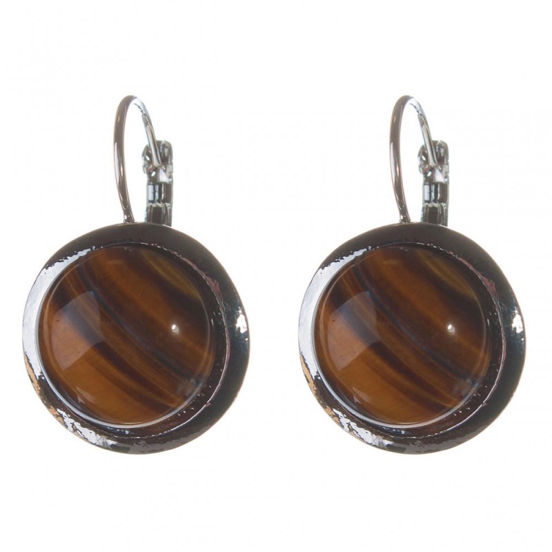 Clearance. Tiger's Eye Earrings in a Smooth Bezel with Round Stone 20mm, length 30mm