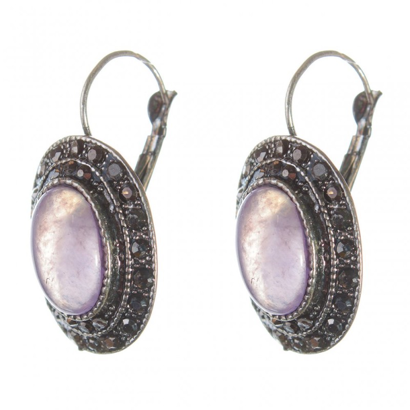 Clearance Amethyst Earrings, "Drip Silver" Setting, Oval Stone 2.5x1.9cm, Length 3.5cm