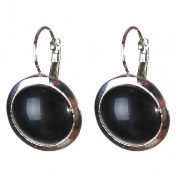 Clearance Black Agate Earrings Smooth Setting Round Stone 2cm, length 3.1cm