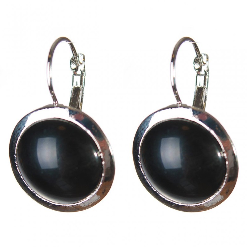 Clearance Black Agate Earrings Smooth Setting Round Stone 2cm, length 3.1cm
