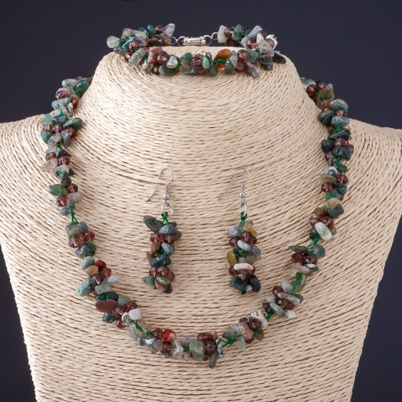 Set Trio Jasper Assorted Natural Stone "Stone Chip" Necklace + Earrings + Bracelet