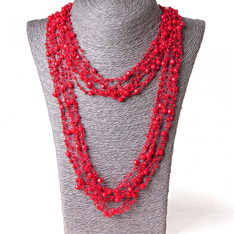 (140cm) "Cobweb" Necklace with Round Dangles, Red