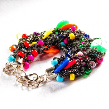 Bracelet, black macrame thread with multi-coloured faceted stones on a metal chain with a lobster clasp