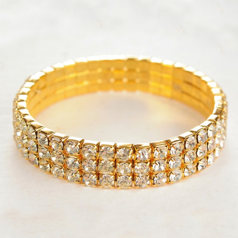 Stretch bracelet, three-strand, yellow rhinestones, dazzling stones, 17 cm circumference