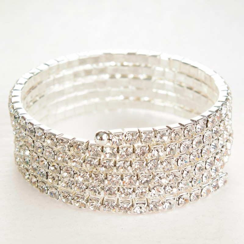 Spiral bracelet for five turns with crystals, white, 18–22 cm circumference