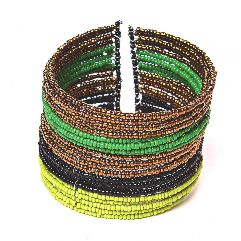 Bead bracelet with black, green, yellow and amber tones