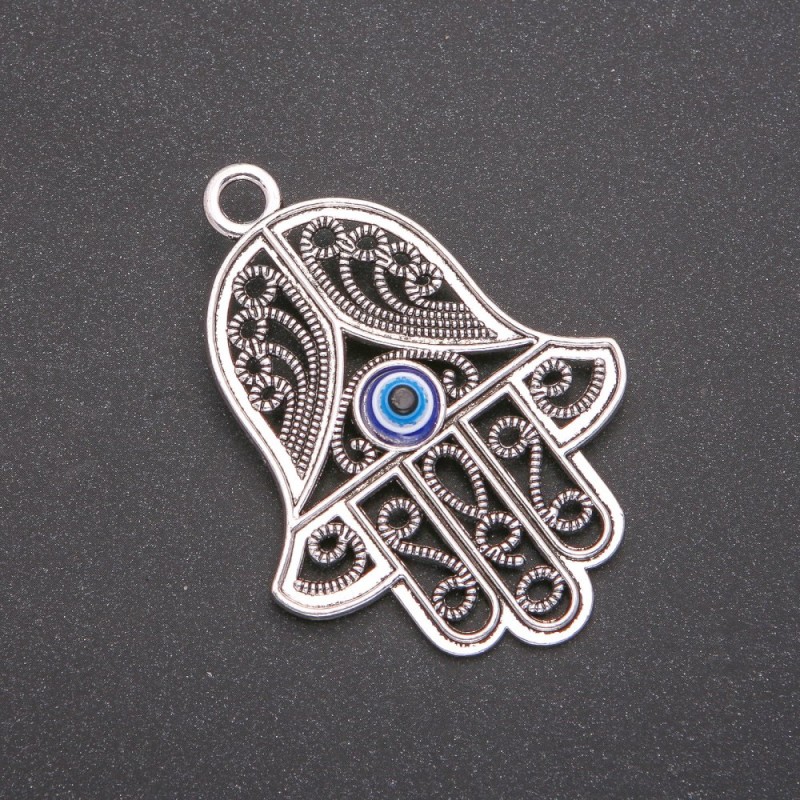 Pendant Hamsa with Eye, silver metal colour, 65mm (pack of 2 pcs)