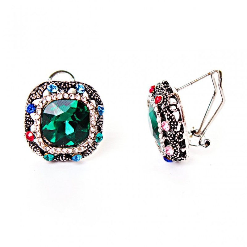 Earrings 2.3 cm Rainbow Square Crystal Green