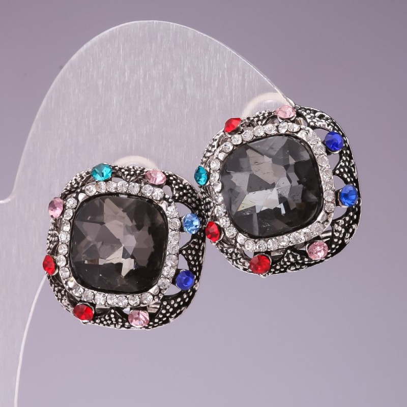 Earrings 2.3 cm Rainbow Square with Crystals - Gray