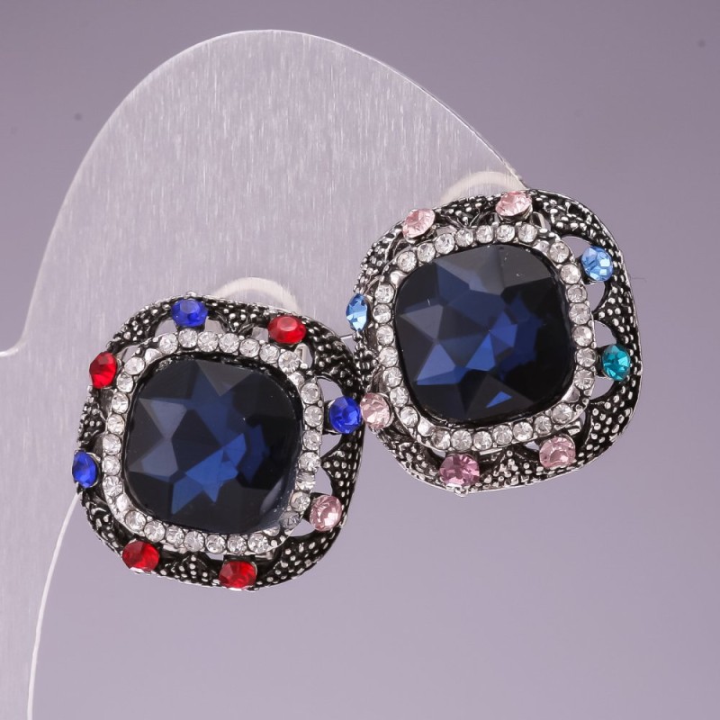 Earrings 2, 3 cm Rainbow Square with crystals and blue crystal