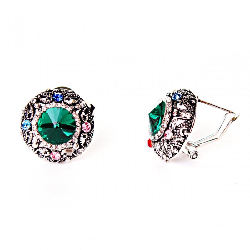 Earrings 2 cm Rainbow Circle with Rhinestones and Green Crystal