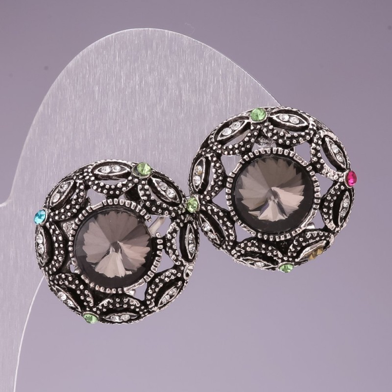 Earrings 2 cm Rainbow Circle with Rhinestones Crystal Grey