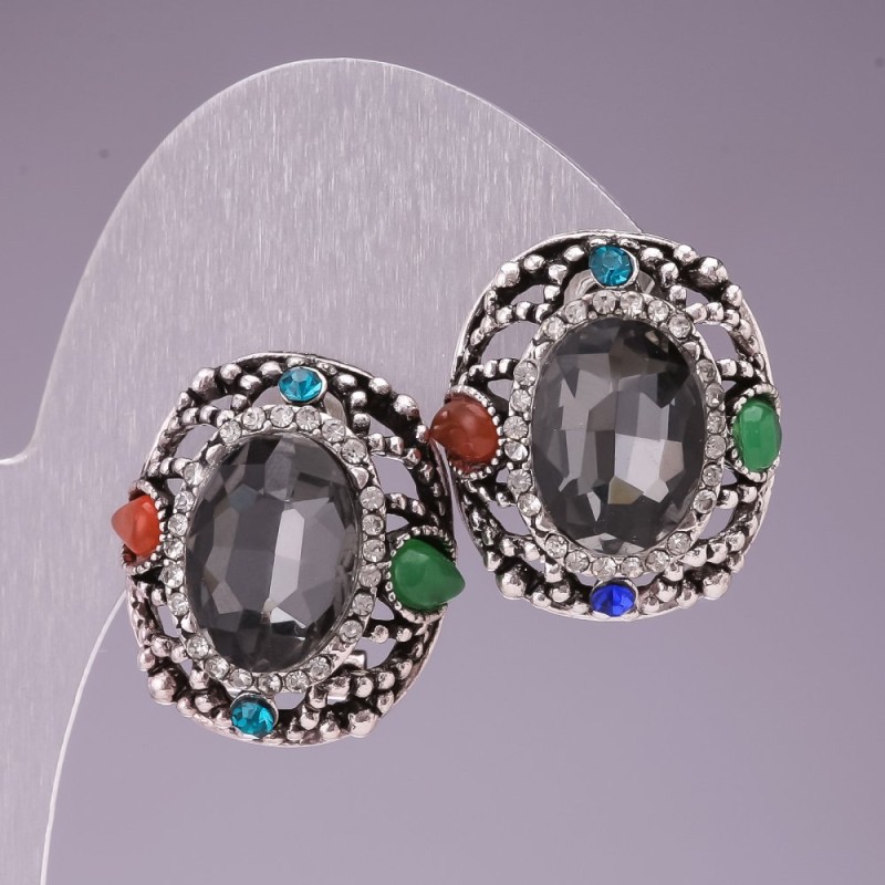 Earrings 2x2, 5 cm Rainbow oval with crystals and grey crystal
