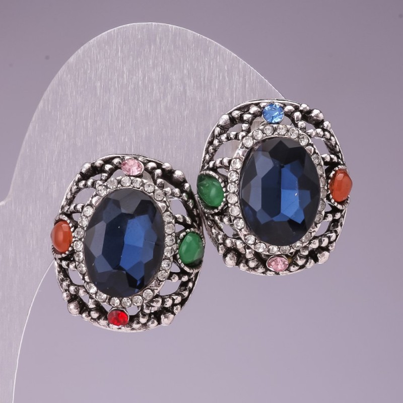 Earrings 2x2, 5 cm rainbow oval crystals blue